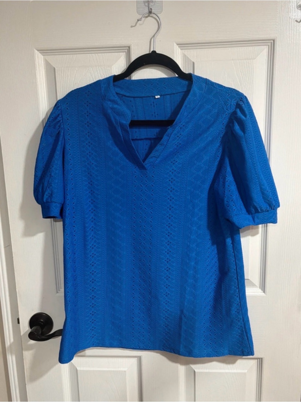 Bright Blue Eyelet Puff Sleeve Womens Top NWOT